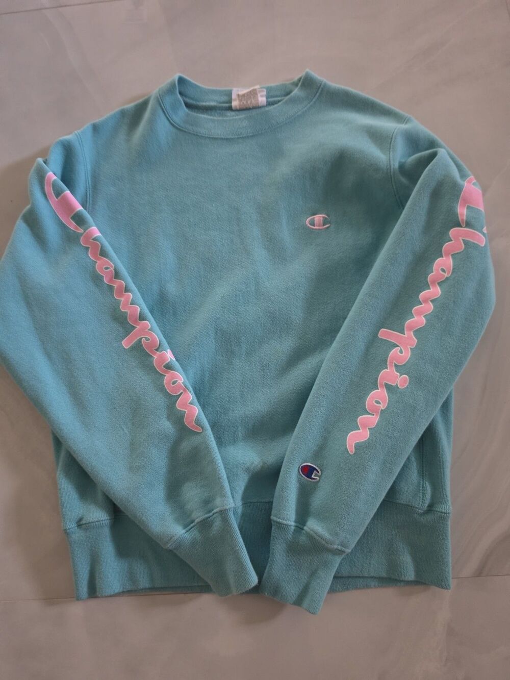 Women Champion Reverse Weave Oversized Sweatshirt Teal Green Pink Spellout Sm - Picture 1 of 4